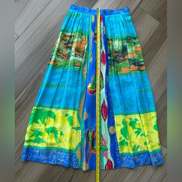 Vintage Blue Yellow Green Pink Colorful Printed High Waisted Midi Skirt - Picture 5 of 12